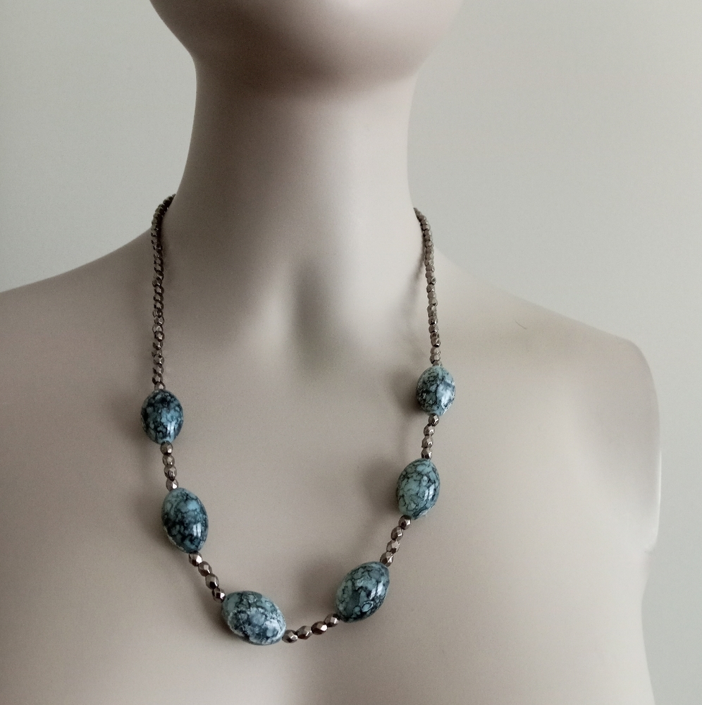 Silver crystal and black marble jasper beaded statement necklace hand crafted